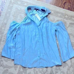 DREW Blue silk cold shoulder button down top size small